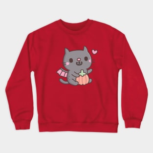 Cute Vampire Cat With Bat Wings With Pumpkin Crewneck Sweatshirt